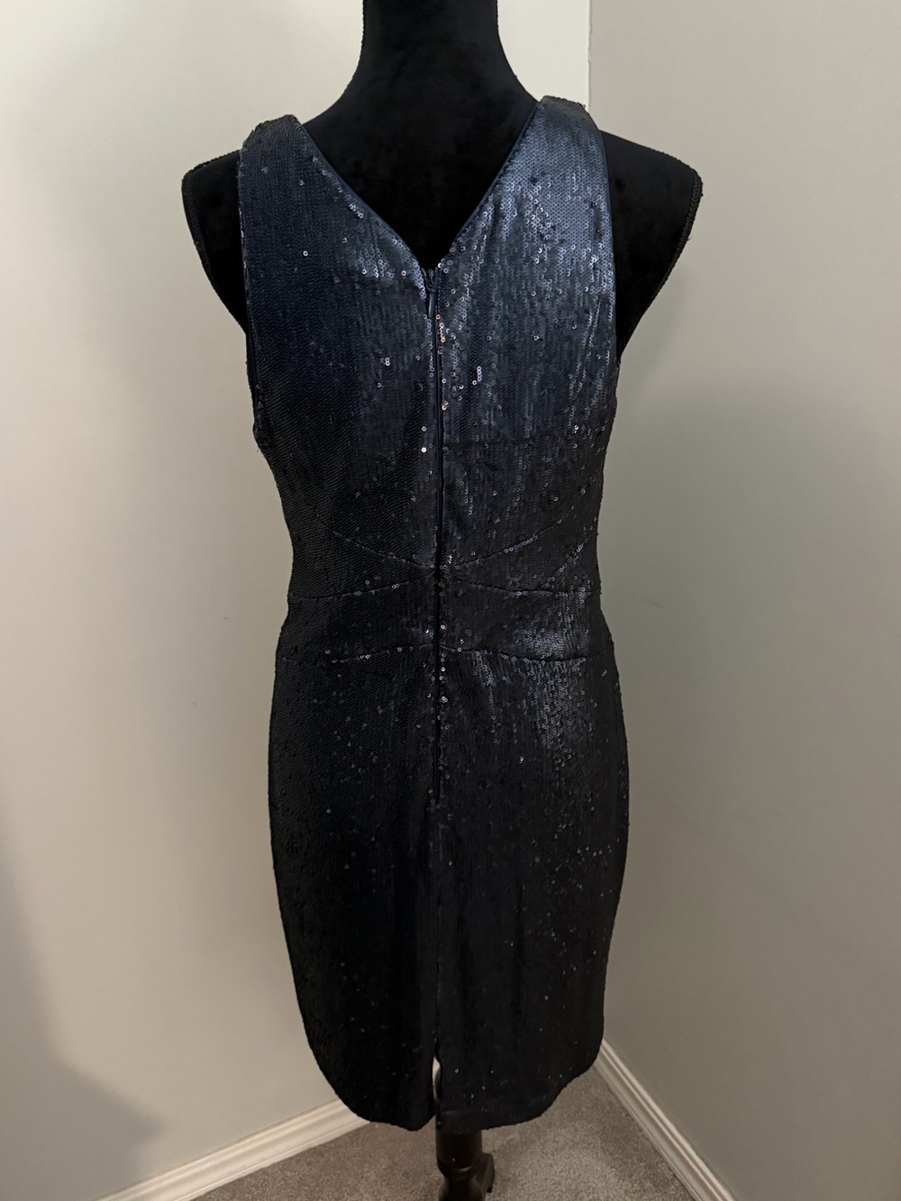 Halston Heritage Deep Slate Blue Sequin Deep V Front Dress, size 10 EUC - Picture 2 of 6